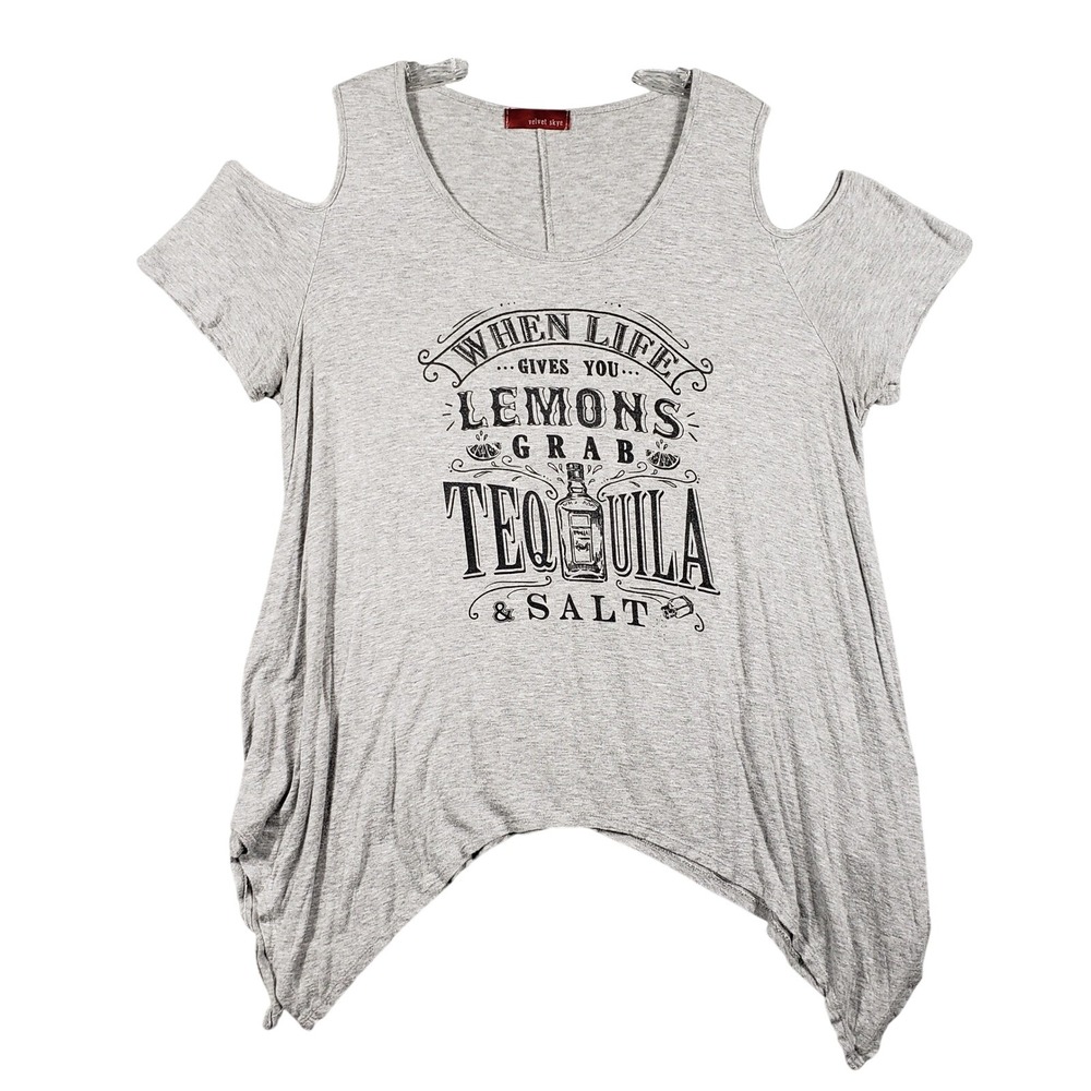 Velvet Skye‎ Womens 2X Gray Tequila Graphic Cold Shoulder Tee Handkerchief Hem